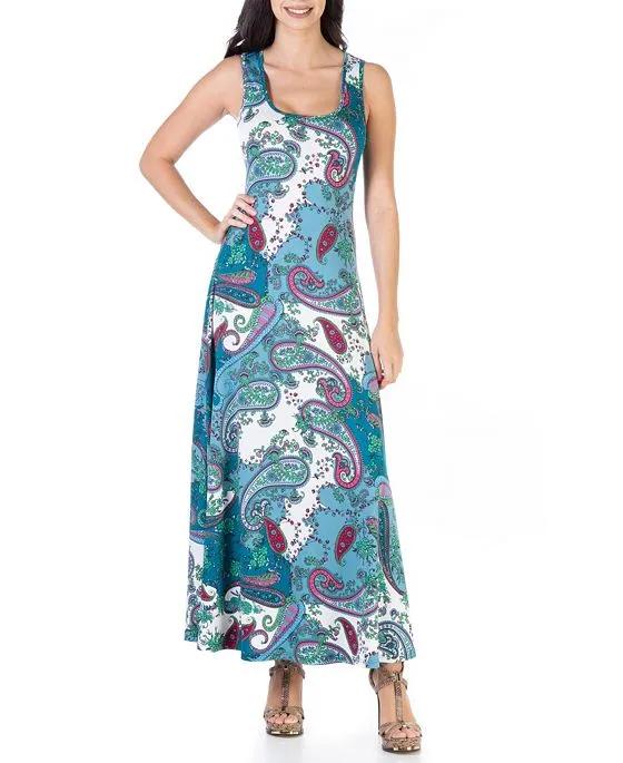 24seven Comfort Apparel Women's Paisley Sleeveless Loose Long Casual Maxi Dress
