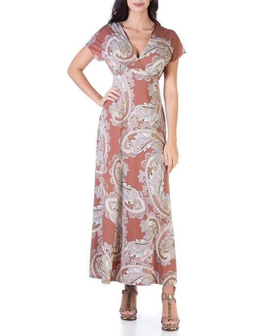 24seven Comfort Apparel Women's Paisley V-Neck Cap Sleeve Flowy Empire Waist Maxi Dress