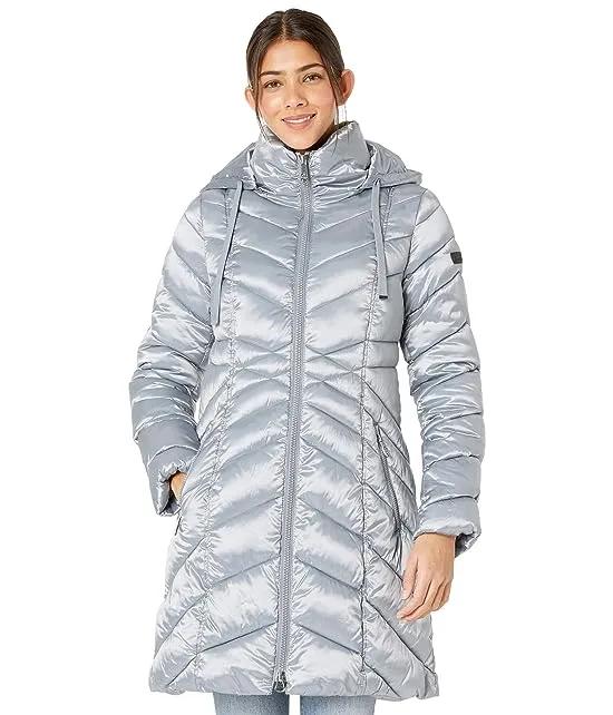 3/4 Hooded Chevron Poly Puffer Coat
