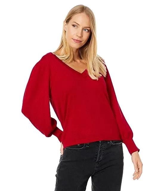 3/4 Puff Sleeve V-Neck Fine Gauge Cotton Blend Sweater