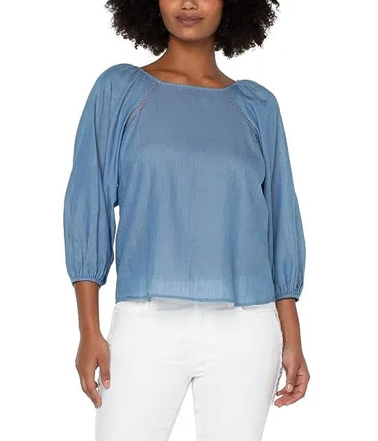 3/4 Pull Sleeve Square Neck Woven Top with Trim
