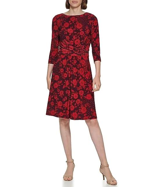 3/4 Sleeve Jersey Ruched Fit-and-Flare