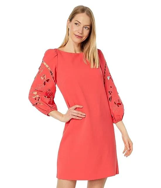 3/4 Sleeve Signature Crepe Shift Dress with Embroidered Cutout