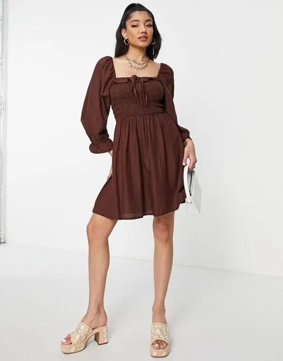 3/4 sleeve square neck shirred frill mini dress in brown