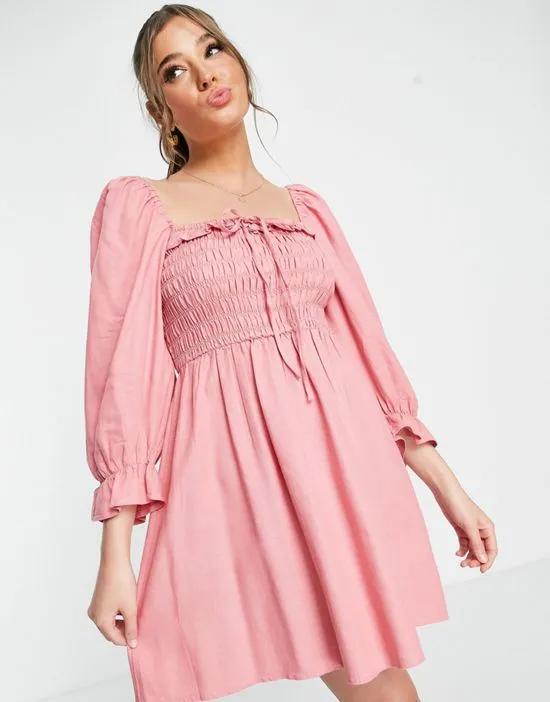3/4 sleeve square neck shirred frill mini dress in pink