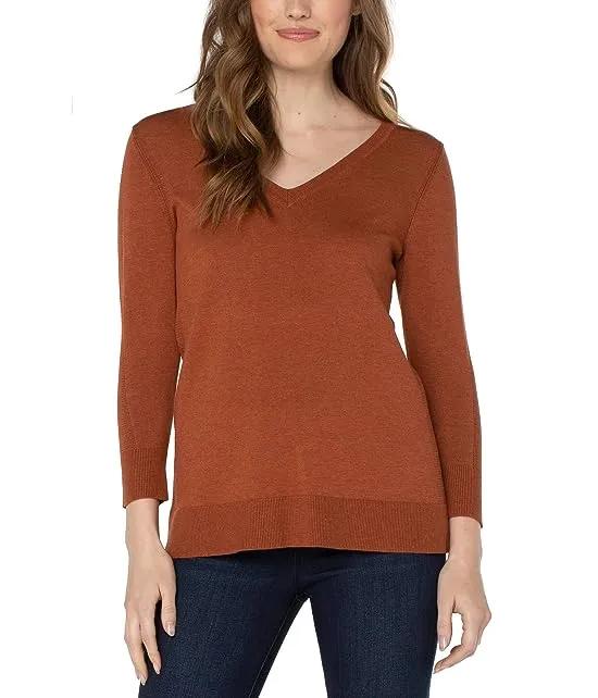 3/4 Sleeve V-Neck Sweater with Pique