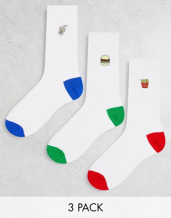 3-pack ankle socks with food embroidery in white