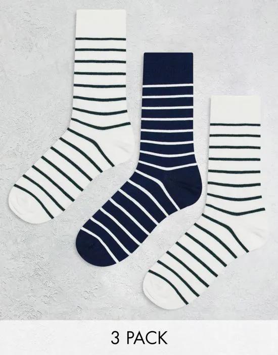 3 pack ankle socks with roll top in off white/black/green