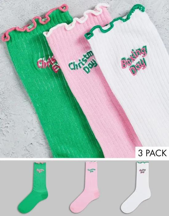 3 pack calf length frill top Christmas day socks in multi