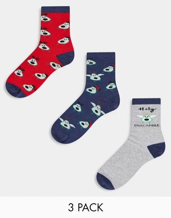 3 pack christmas avomerry socks in navy and red
