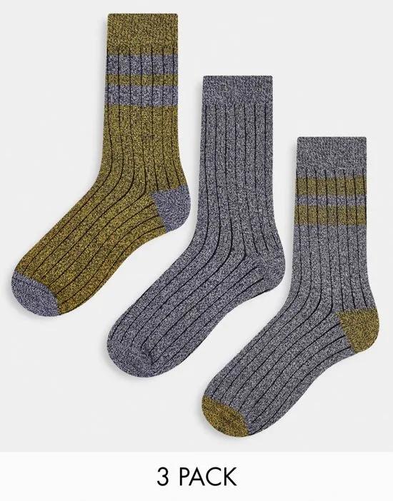 3-pack cotton chunky socks with stripes in blue and yellow