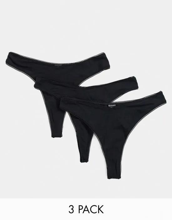 3 pack cotton high leg thong with dipped front in black