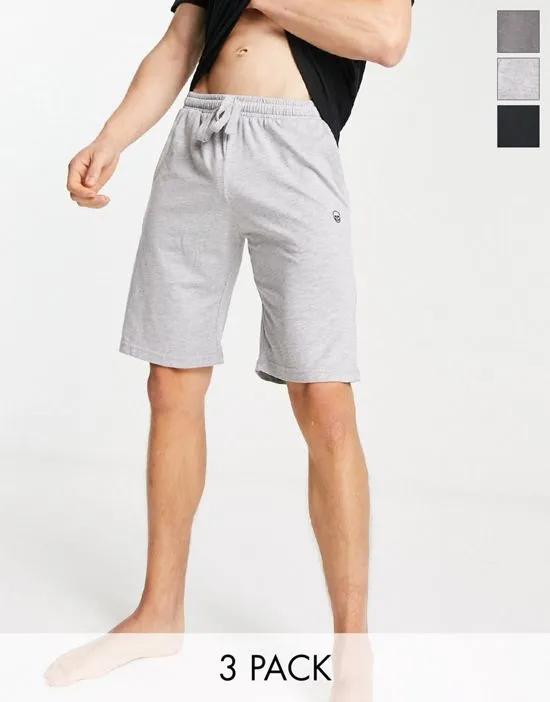 3 pack lounge shorts in black and gray