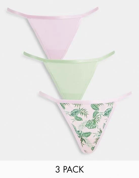 3 pack microfibre palm print thong in pink & green