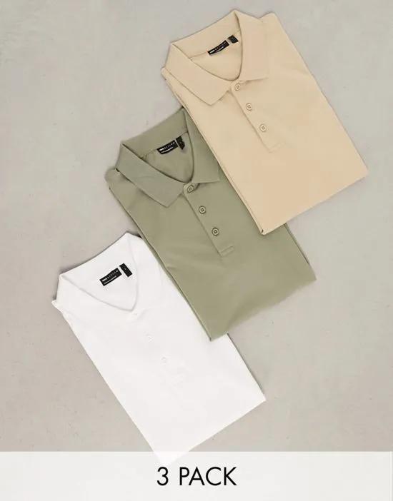 3 pack muscle fit polo in khaki, white and beige