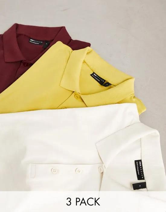3 pack muscle fit polo in white, mustard and burgundy