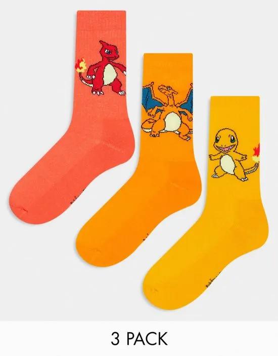 3 pack Pokemon sports socks with Charmander evolution design in orange