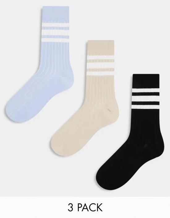 3 pack ribbed ankle socks with stripe detail in stone/blue/charcoal