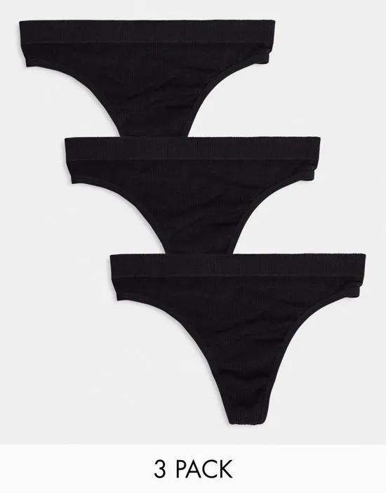 3 pack ribbed seamless thong pack in black