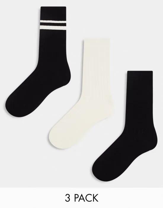 3 pack ribbed stripe ankle socks in black and ecru