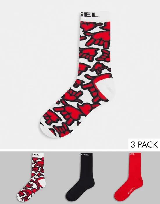 3 pack socks with hand print in white/black/red