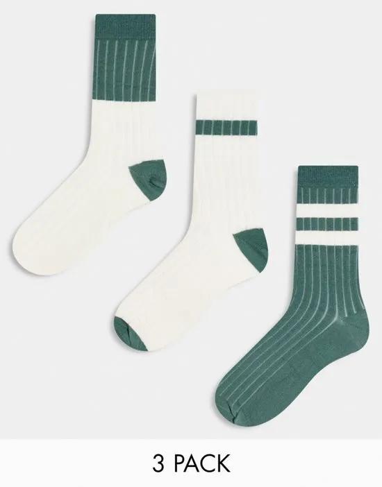 3 pack stripe ribbed ankle socks in green and ecru