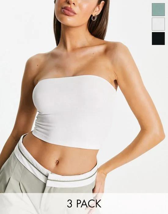 3-pack ultimate bandeau crop tops in black, white & khaki