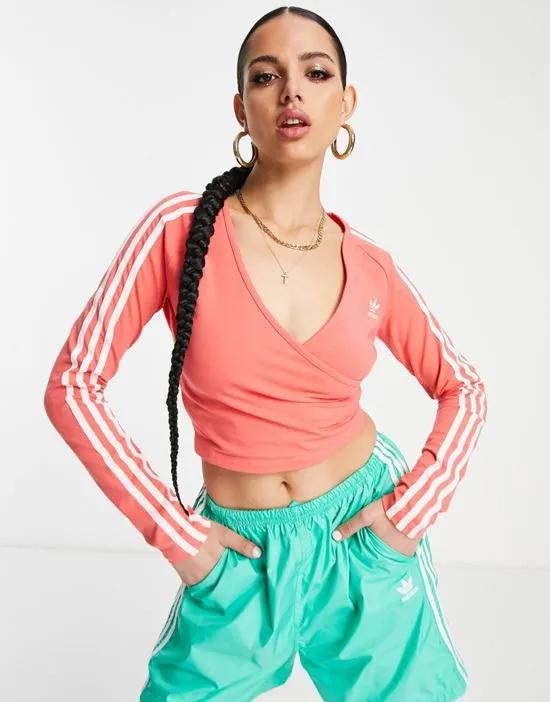 3 stripe v-neck long sleeve cropped top in pink