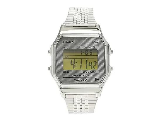 34 mm T80 Silver Tone Case Digital Dial Silver Stainless Steel Bracelet Watch