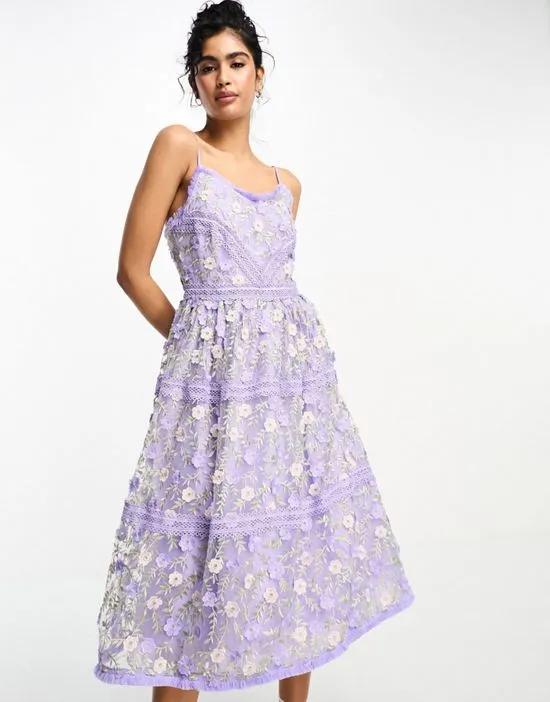 3D embroidered lace midi dress in lilac