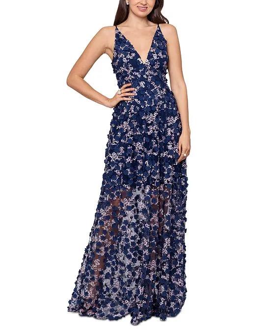 3D-Floral Embroidered Fit & Flare Gown