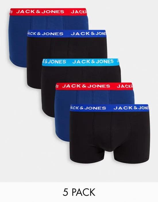 5 pack trunks with contrast waistband in black and blue