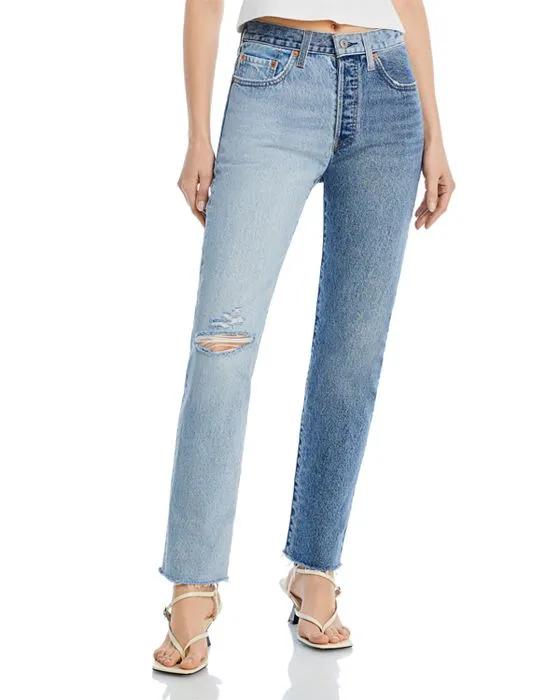 501 Two Tone High Rise Straight Jeans in Indigo Stonewash