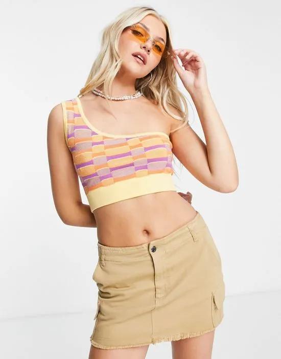 70's inspired one shoulder knitted top in multi