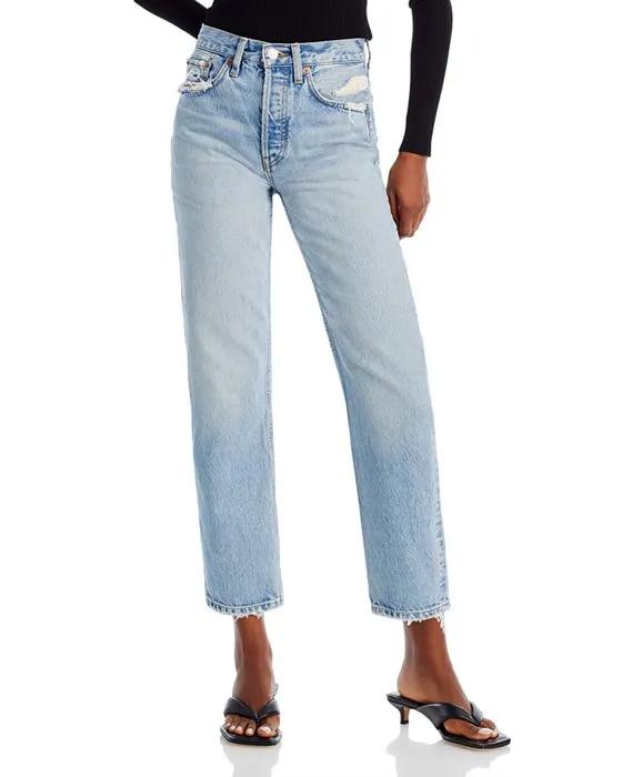70S High Rise Straight Leg Stovepipe Jeans in Ripped Tide