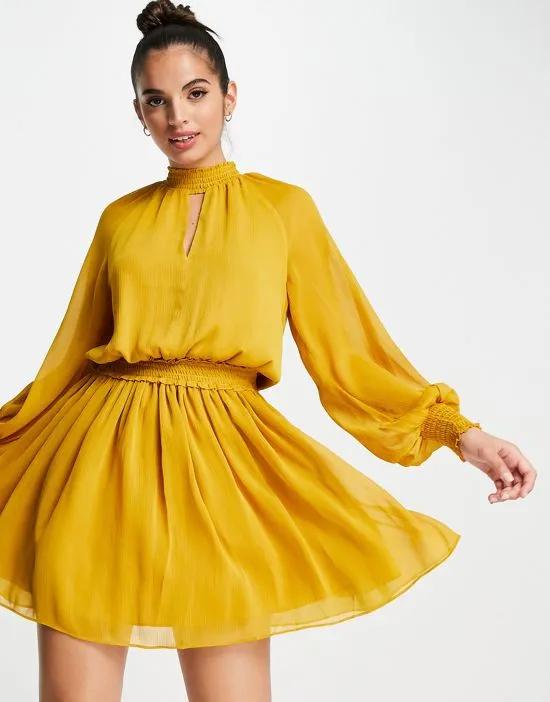 70s keyhole long sleeve mini dress in mustard
