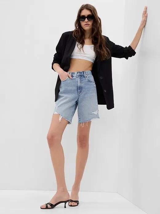 8" Mid Rise Loose Denim Bermuda Shorts with Washwell