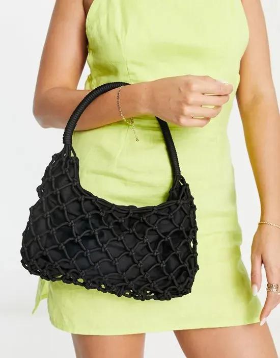 90's polyester crochet shoulder bag in black - BLACK