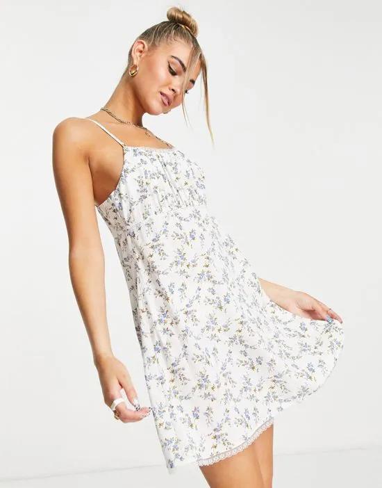 90s cami mini dress with ruched bust in blue ditsy floral