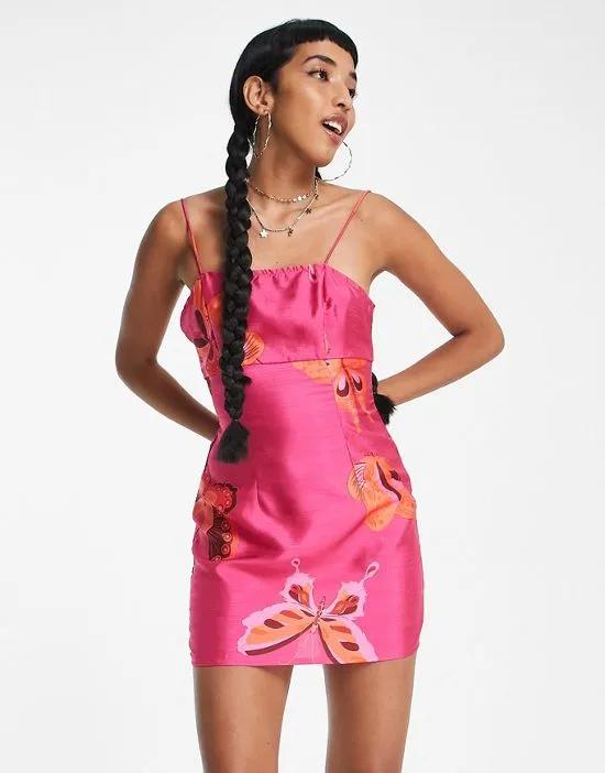 90s festival cami dress in pink butterfly print