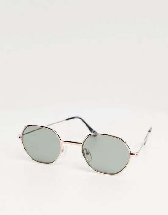 90s mini angled metal sunglasses with dark green lens in gold