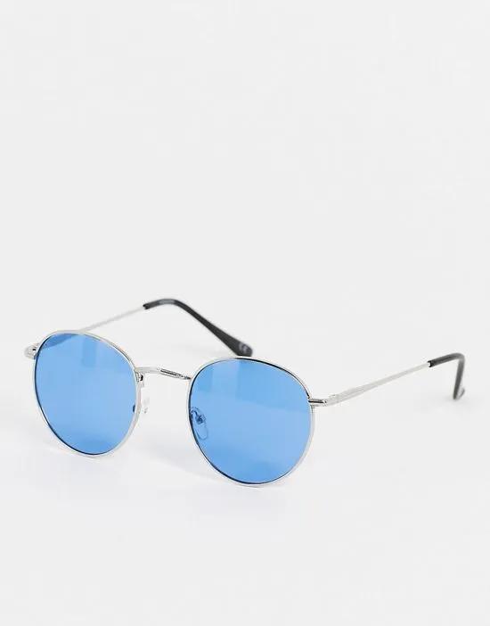 90s round sunglasses in silver metal with blue lens - SILVER