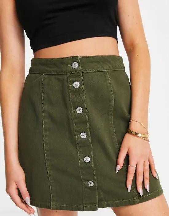 A-line denim button front mini skirt in khaki