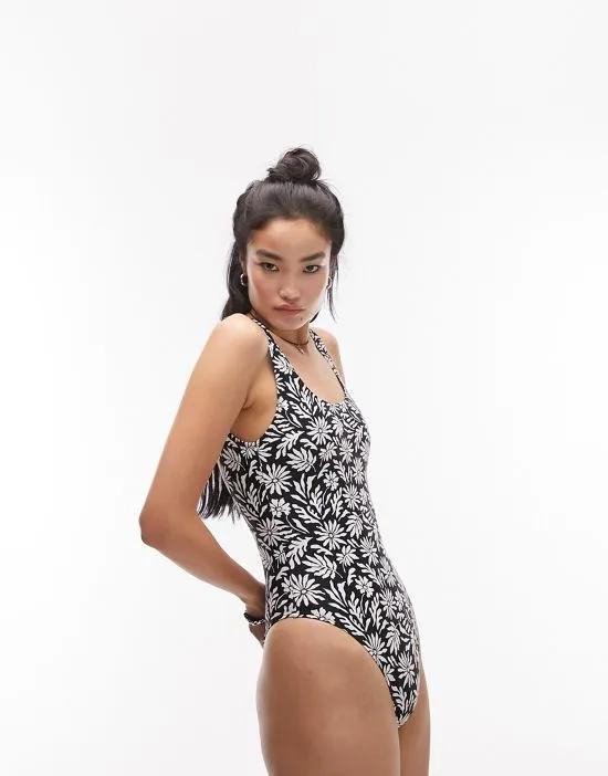 abstract floral scoop back swimsuit in monochrome