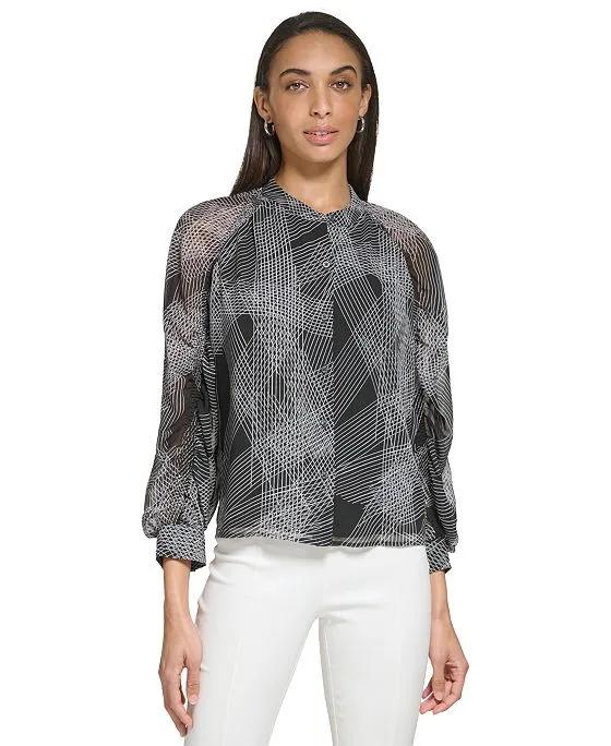 Abstract Print Cinched Long Sleeve Blouse 