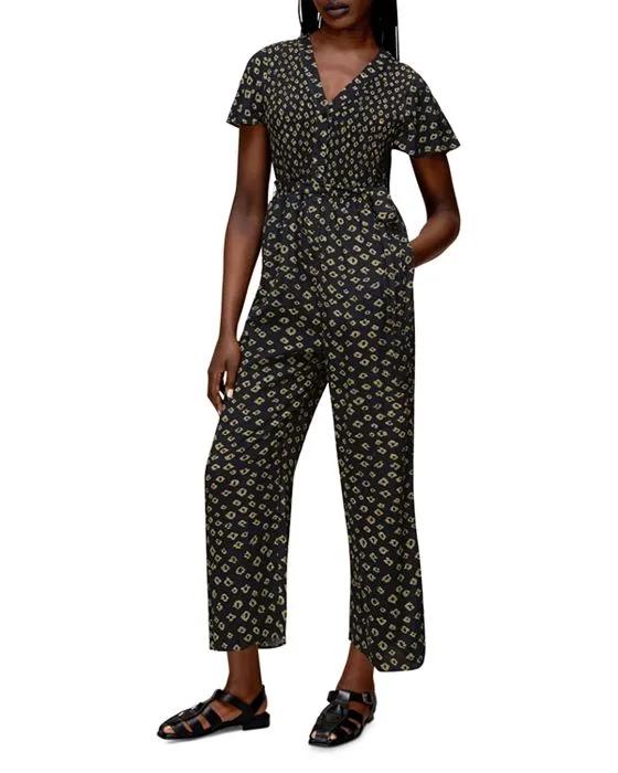 Abstract Print Shirred Jumpsuit