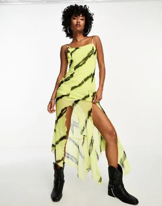 abstract ruffled maxi dress in lime