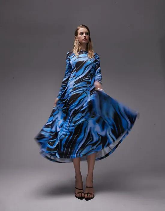 abstract swirl full skirt midi dress in blue