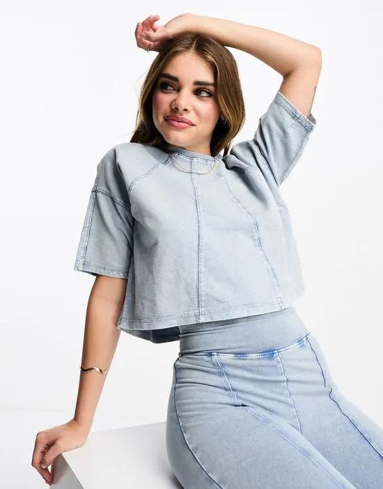 acid wash crop T-shirt with seam detail in blue - part of a set