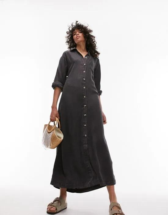 acid wash denim look midi shirt dress with cut out back in charcoal